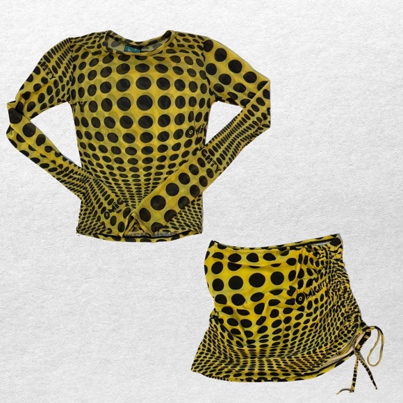 O-Mighty Yellow Black Dot Mesh Two-Piece Coorrd Set - Picture 2 of 6